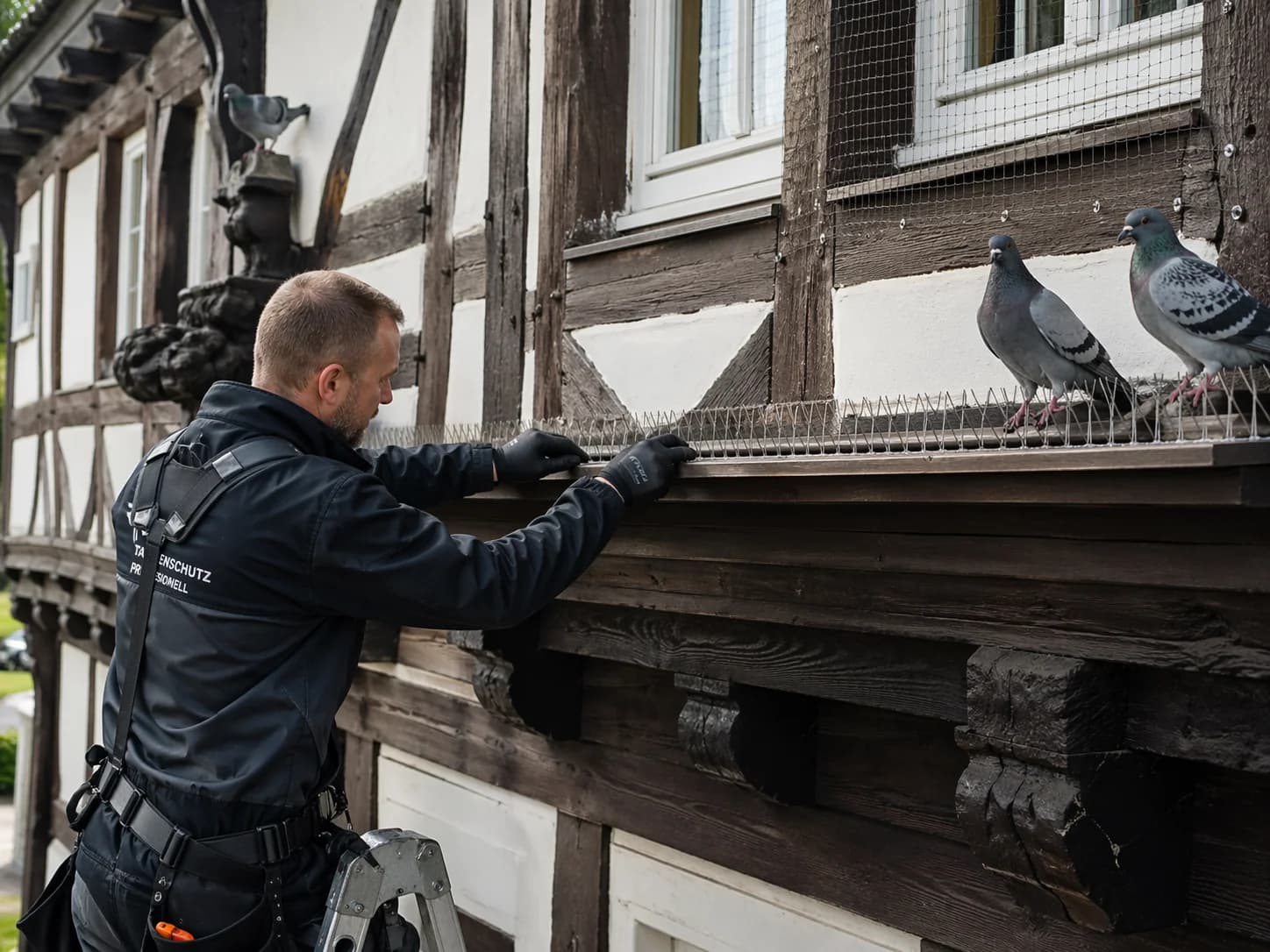 Taubenabwehr am Fachwerk